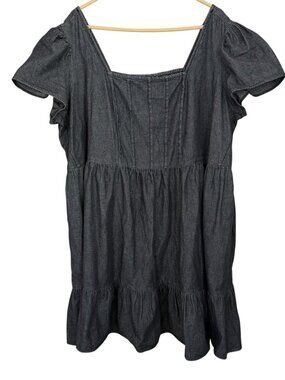 Terra Sky Black Denim Tiered Dress Smocked Square Neck 3X
